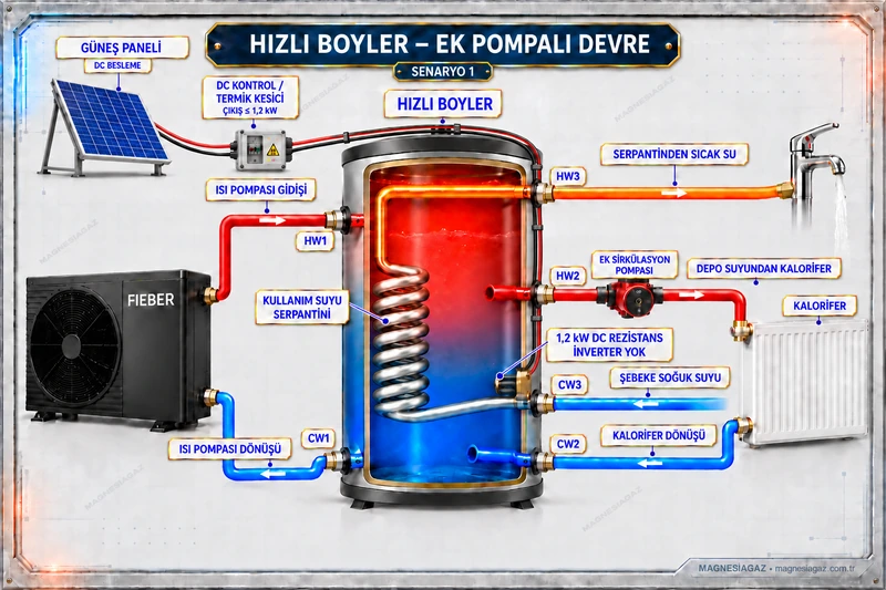 Kalorifer devresinde ek sirkülasyon pompası ve hızlı boylerde 1,2 kW DC rezistans bulunan temsili senaryo