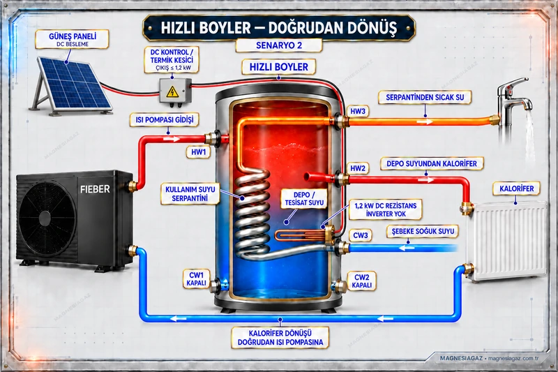 Kalorifer dönüşünün doğrudan ısı pompasına bağlandığı, ek kalorifer pompası gösterilmeyen ve tankta 1,2 kW DC rezistans bulunan temsili senaryo