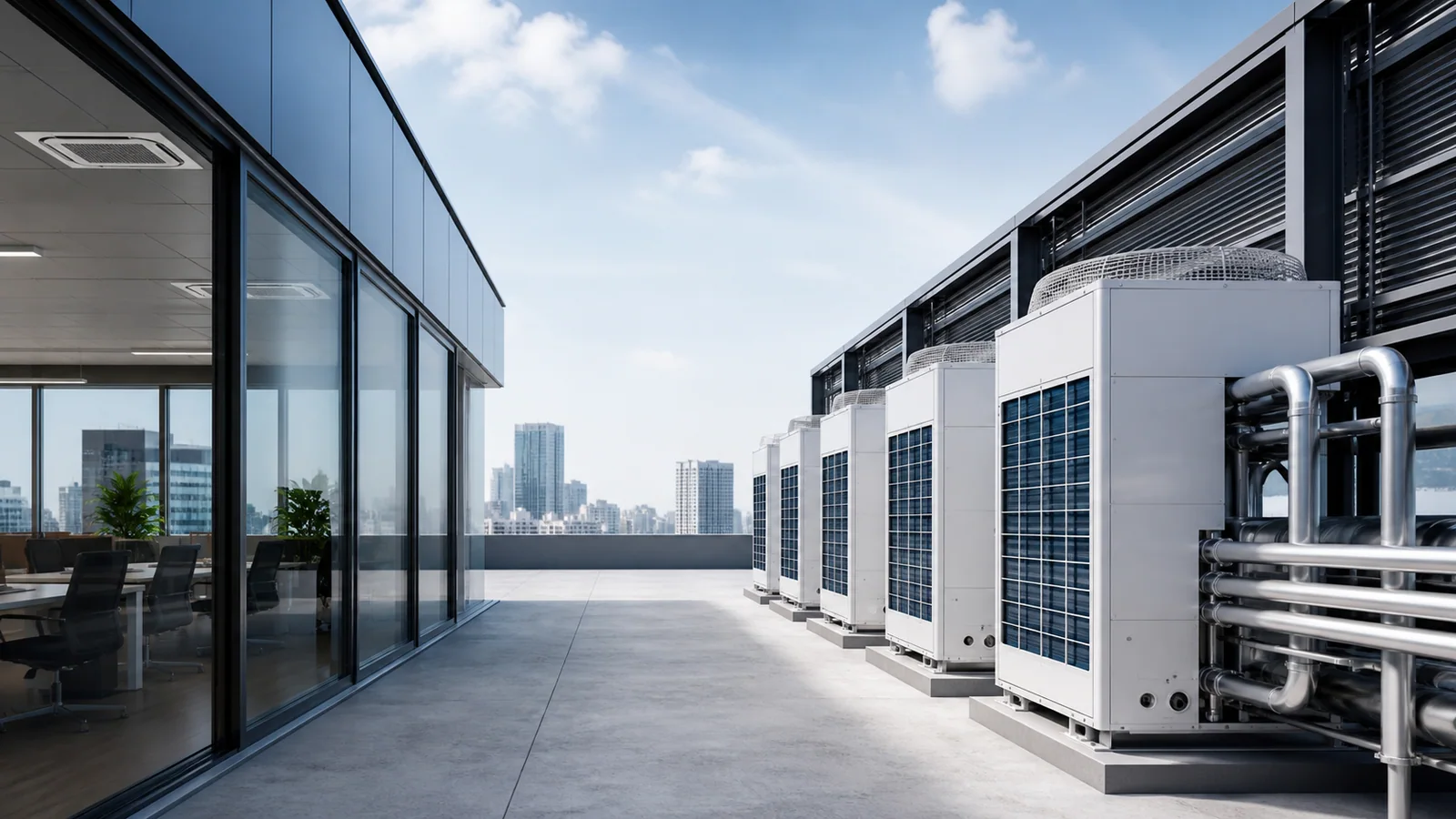 Modern ticari yapıda VRF dış üniteleri ve merkezi iklimlendirme sistemi