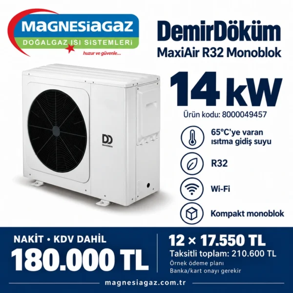 DemirDöküm MaxiAir R32 Monoblok 14 kW beyaz ısı pompası, 8000049457; 180.000 TL KDV dahil nakit ve banka onayına bağlı örnek 12 taksit planı