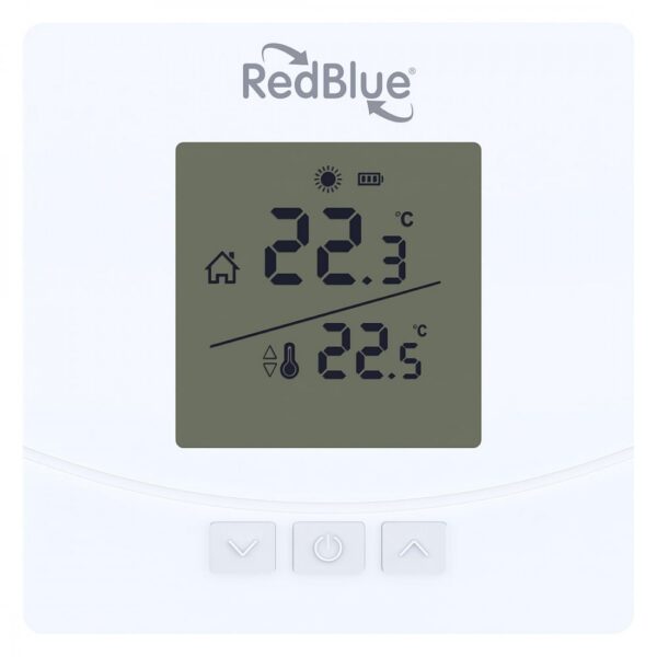 Redblue Square 05 RF beyaz kablosuz oda termostatı, LCD ekran ve üç kontrol tuşu